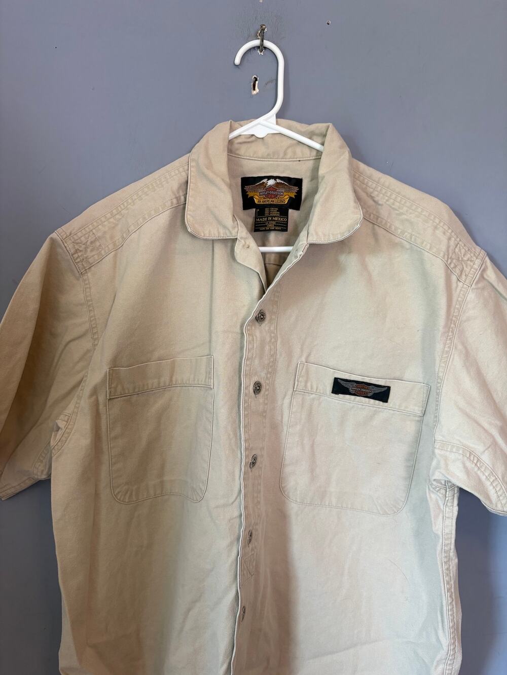 Harley Davidson Men’s Beige Short Sleeve Button Up Shirt Size L